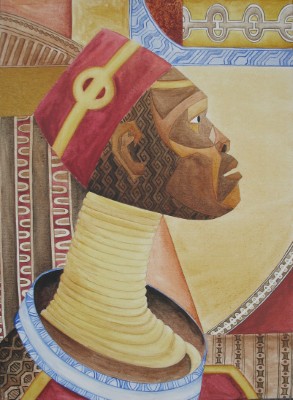 Acrylbild einer dunkelhäutiger Frau mit geometrischem Schmuck